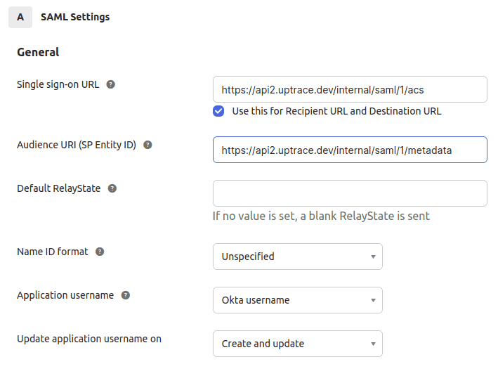 Okta SAML settings